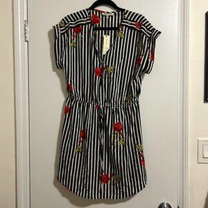 Speed Control Dress: Black & White Striped with Floral Print, Short Sleeved